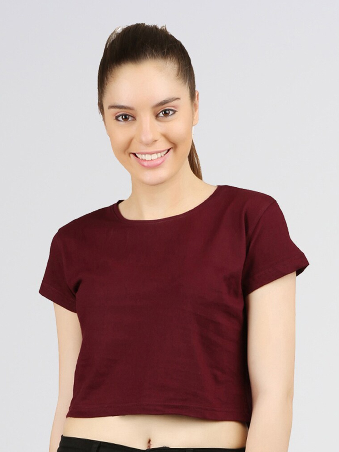 

appulse Round Neck Regular Sleeves Cotton Crop Top, Maroon