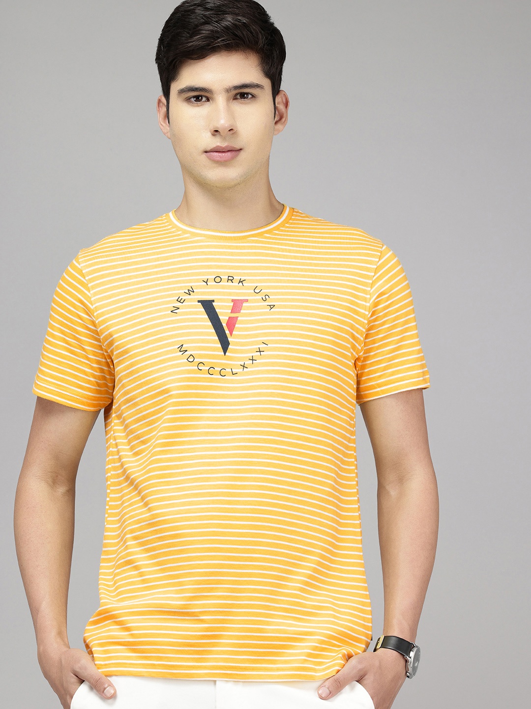 

Van Heusen Slim Fit Striped Brand Logo Printed Pure Cotton T-shirt, Yellow