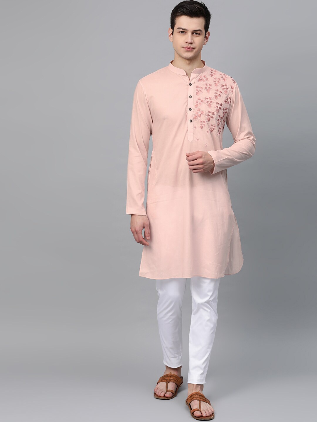 

See Designs Floral Embroidered Straight Pure Cotton Kurta with Pyjamas, Peach