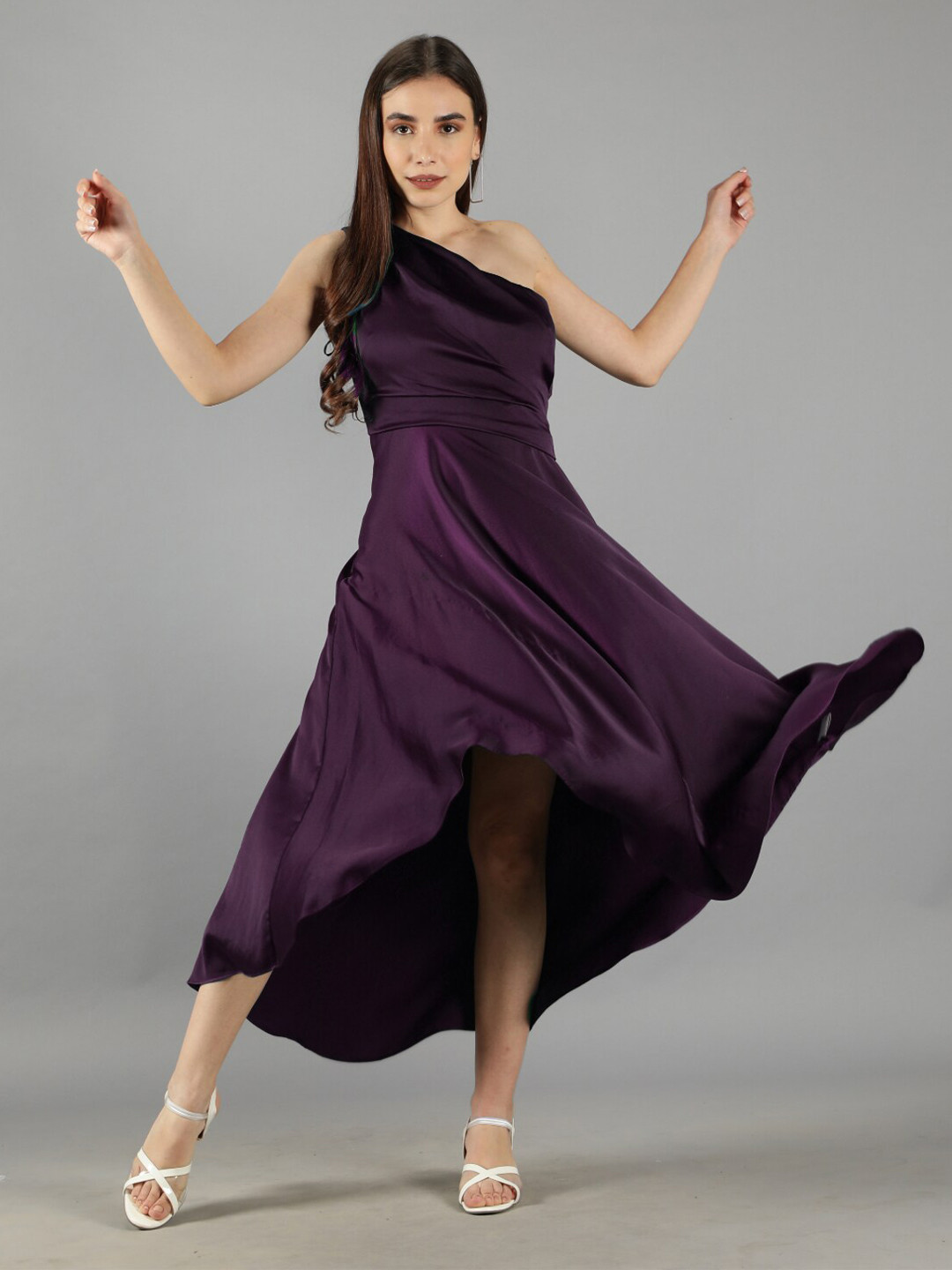 

Svelte Couture One Shoulder Satin Fit & Flare Maxi Dress, Purple