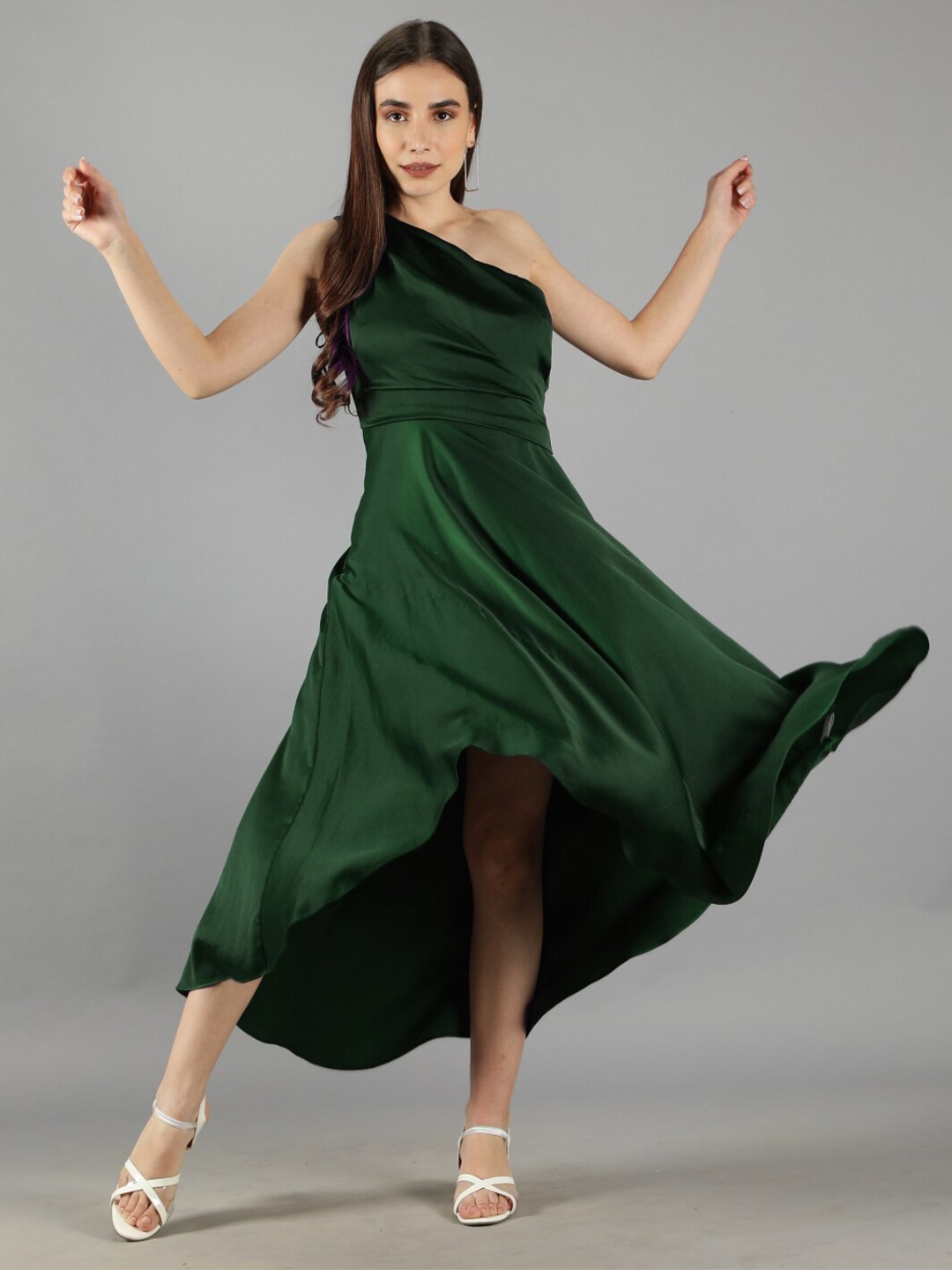 

Svelte Couture One Shoulder Satin Fit & Flare Midi Dress, Green