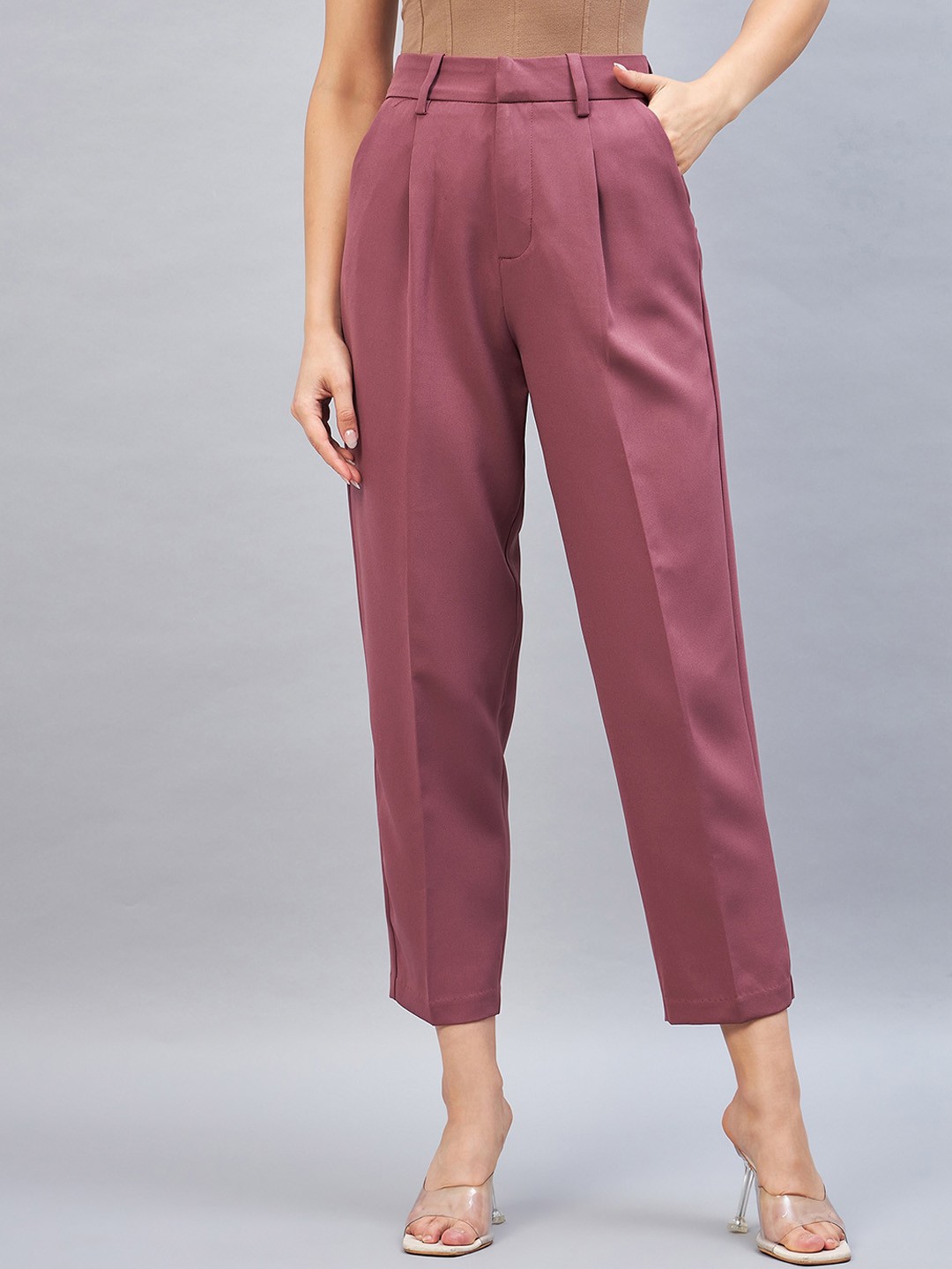 

DELAN Women Smart Regular Fit High-Rise Easy Wash Pleated Trousers, Pink