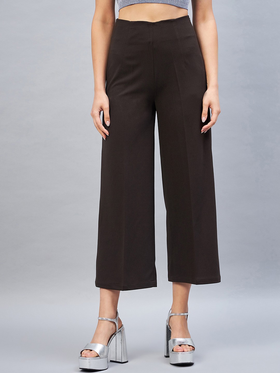

DELAN Women Smart Loose Fit High-Rise Easy Wash Trousers, Coffee brown
