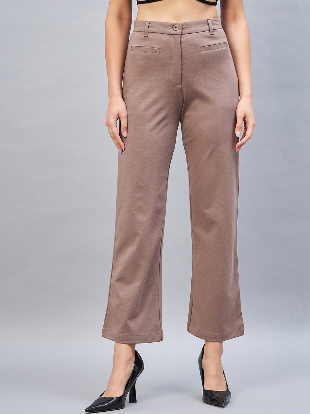 

DELAN Women Smart Tapered Fit High-Rise Easy Wash Bootcut Trousers, Brown