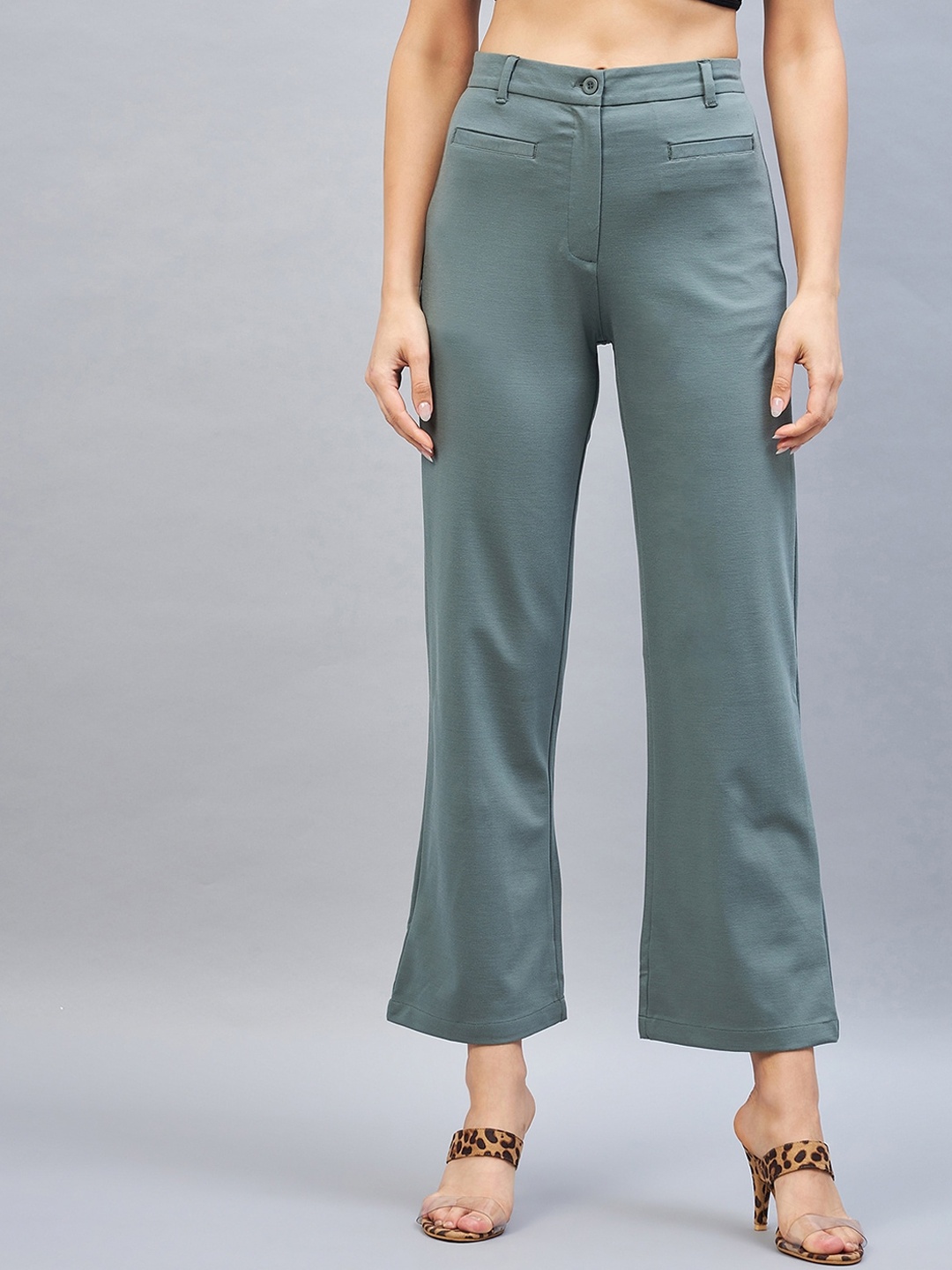 

DELAN Women Smart Tapered Fit High-Rise Easy Wash Bootcut Trousers, Green