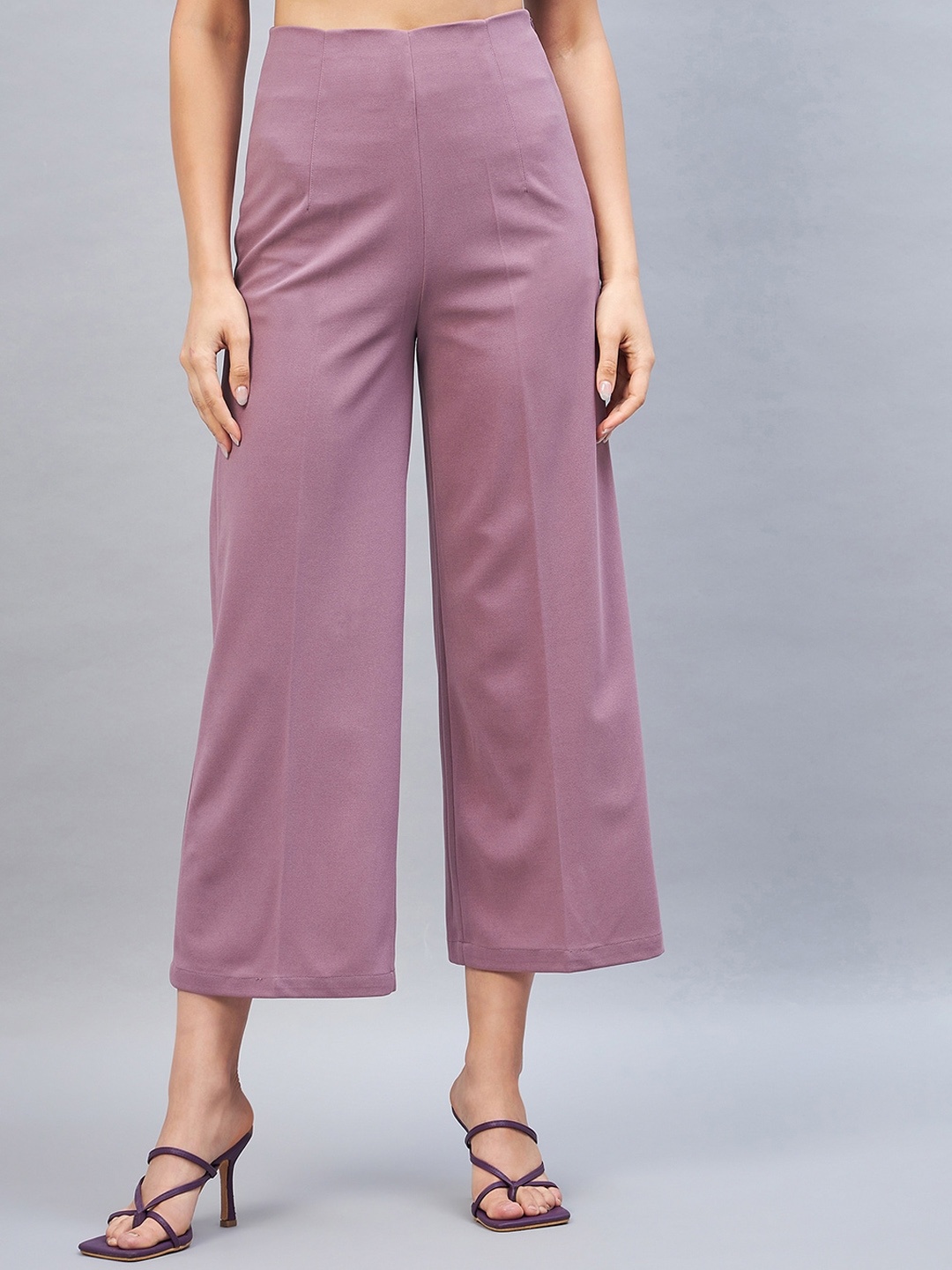 

DELAN Women Smart Tapered Fit High-Rise Easy Wash Parallel Trousers, Pink