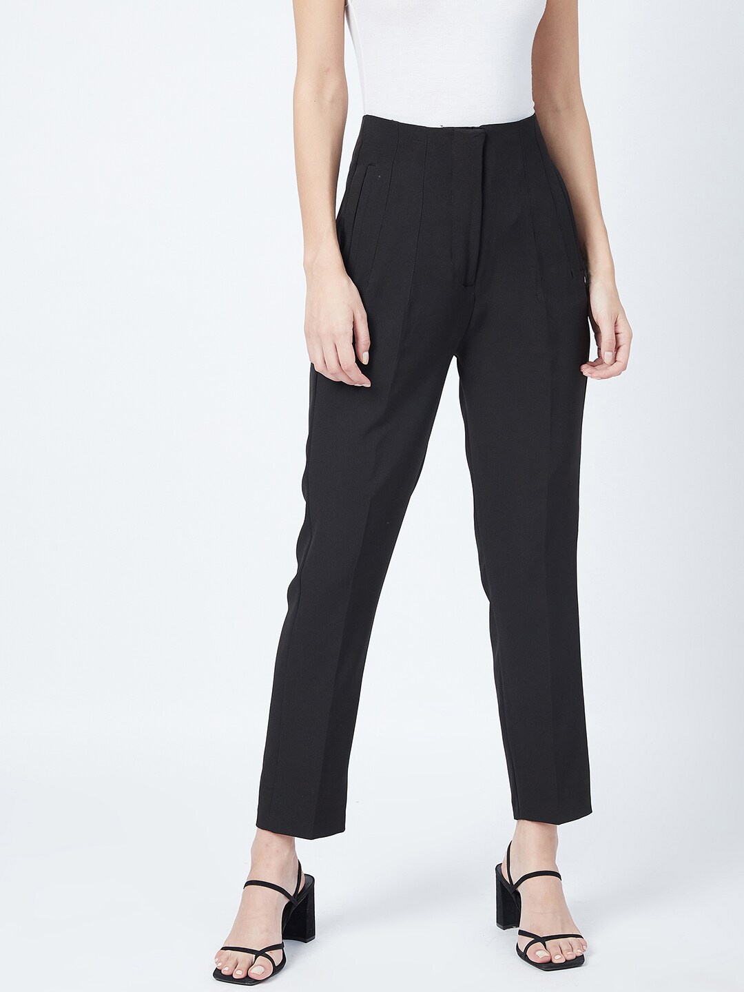 

DELAN Women Smart Skinny Fit High-Rise Easy Wash Trousers, Black