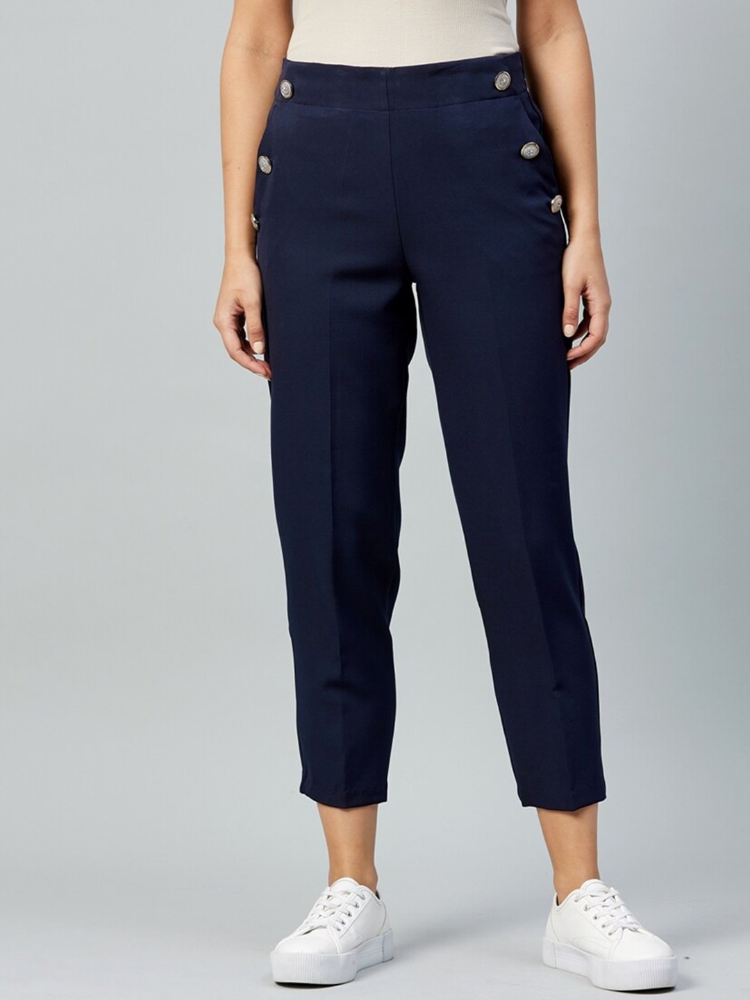 

DELAN Women Smart Slim Fit High-Rise Easy Wash Trousers, Navy blue