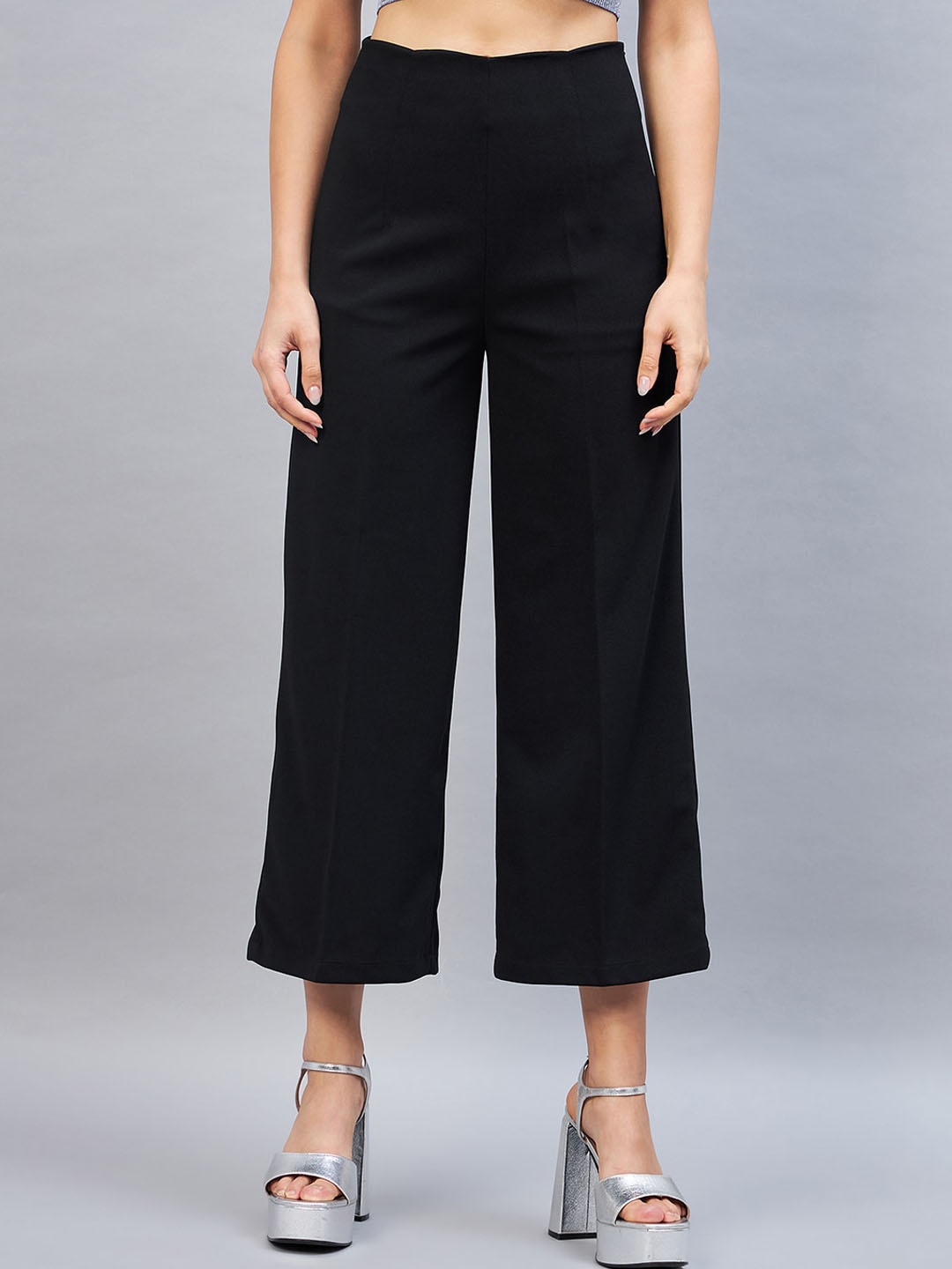 

DELAN Women Smart Tapered Fit High-Rise Easy Wash Parallel Trousers, Black