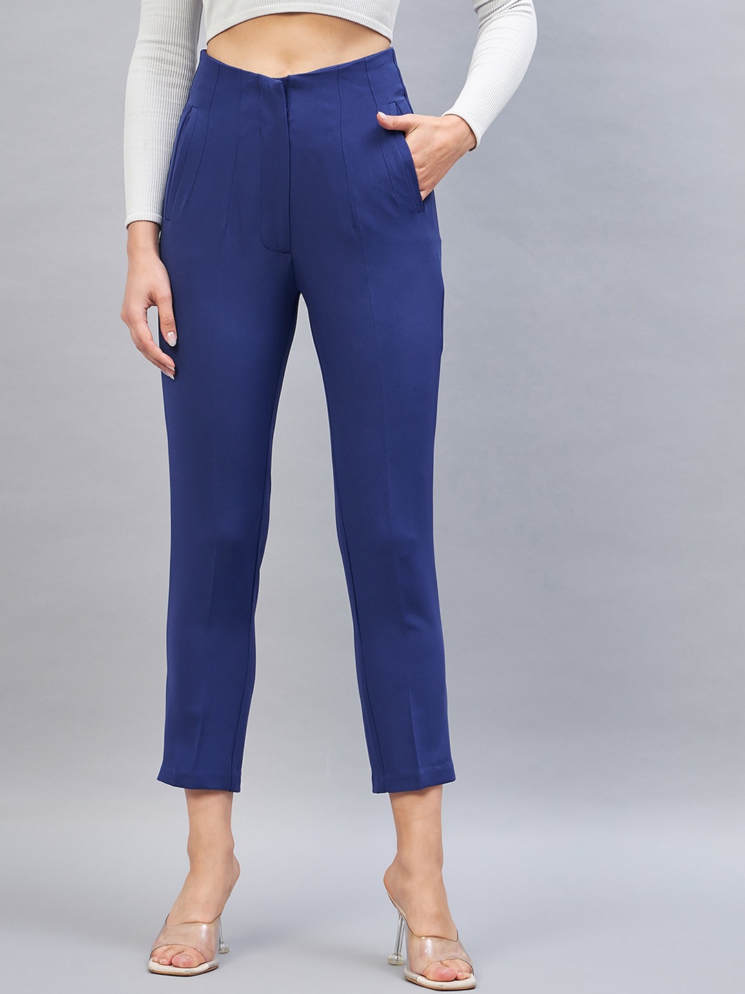 

DELAN Women Smart Skinny Fit High-Rise Easy Wash Trousers, Blue