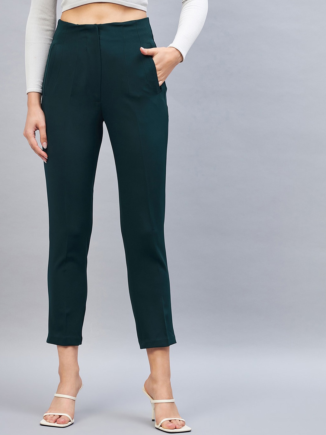 

DELAN Women Smart Slim Fit High-Rise Easy Wash Cigarette Trousers, Green