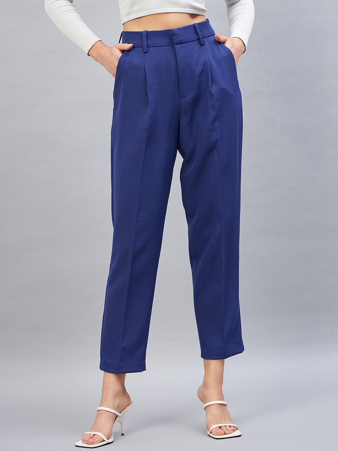 

DELAN Women Smart Tapered Fit High-Rise Easy Wash Pleated Trousers, Blue