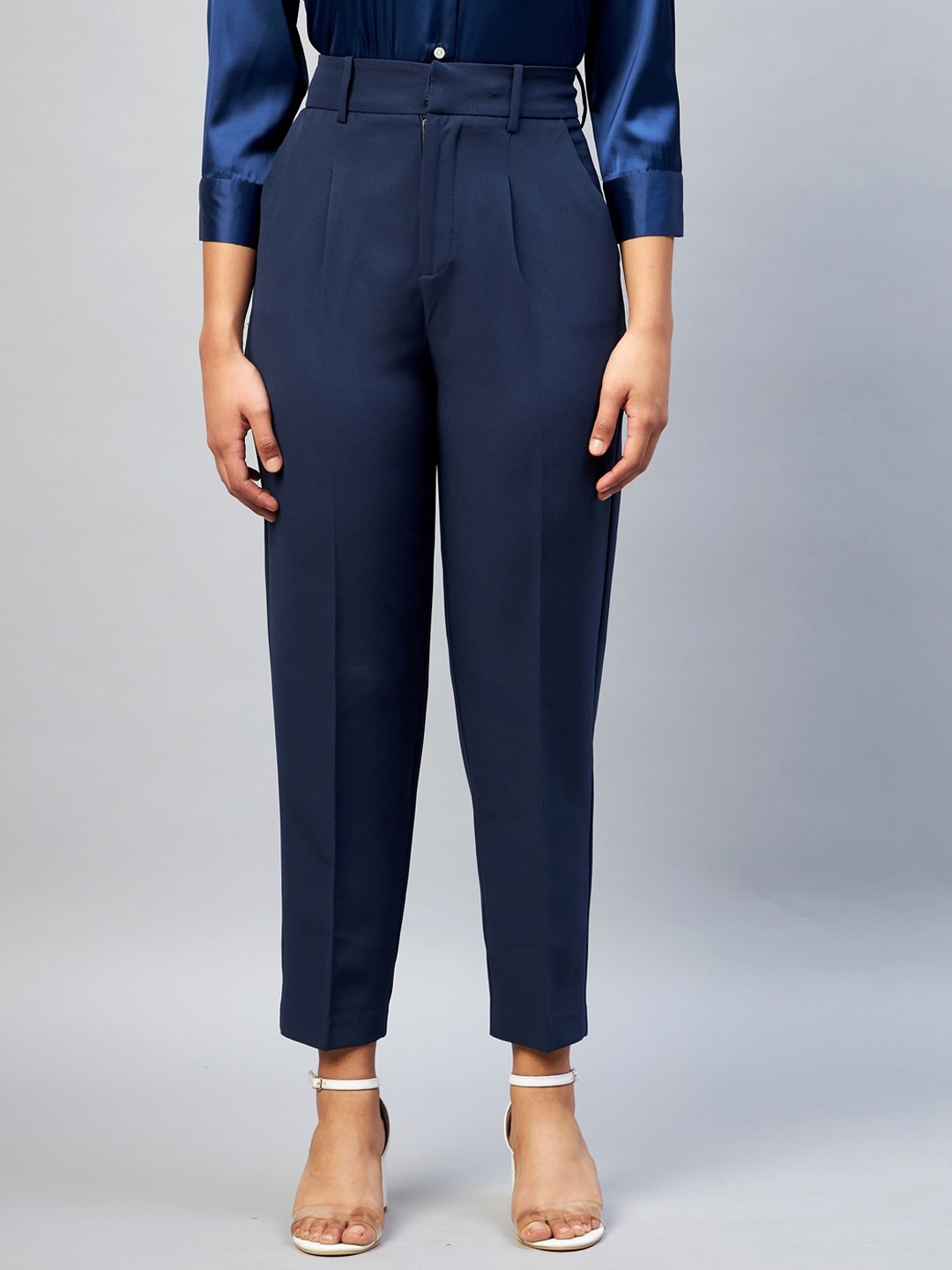 

DELAN Women Smart Slim Fit High-Rise Easy Wash Trousers, Navy blue
