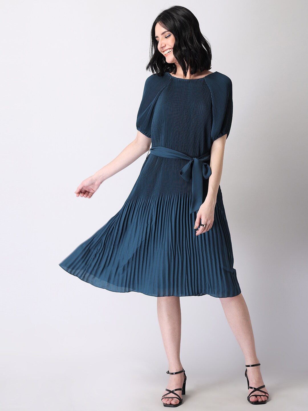 

FabAlley Checked Puff Sleeve Crepe A-Line Dress, Blue