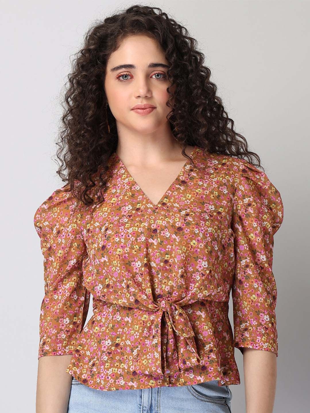 

FabAlley Floral Printed Puff Sleeve Georgette Cinched Waist Top, Brown