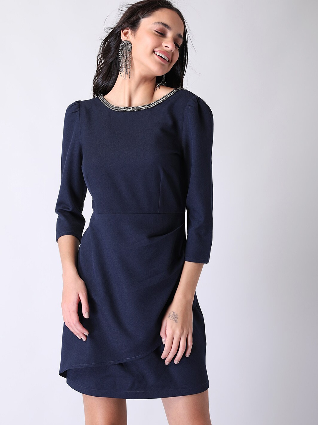 

FabAlley Embellished Puff Sleeves Sheath Dress, Blue