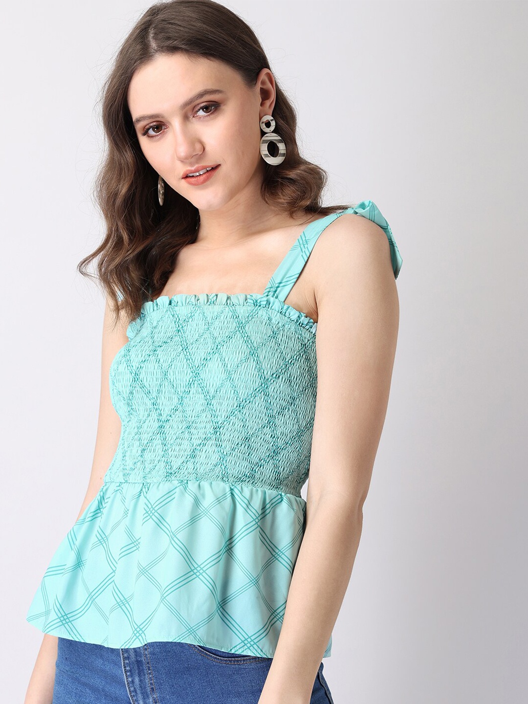 

FabAlley Checked Shoulder Straps Cinched Waist Top, Green