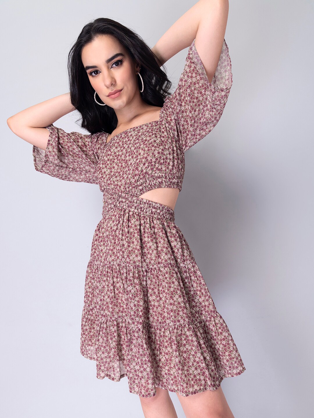 

FabAlley Floral Print Flutter Sleeve Georgette Fit & Flare Dress, Pink