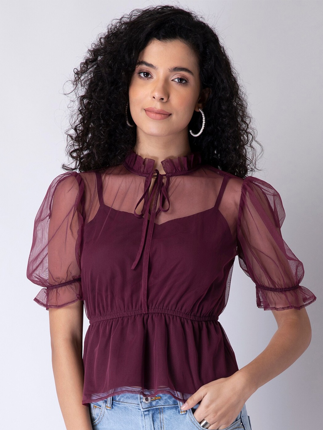 

FabAlley Tie-Up Neck Puff Sleeve Cinched Waist Top, Purple