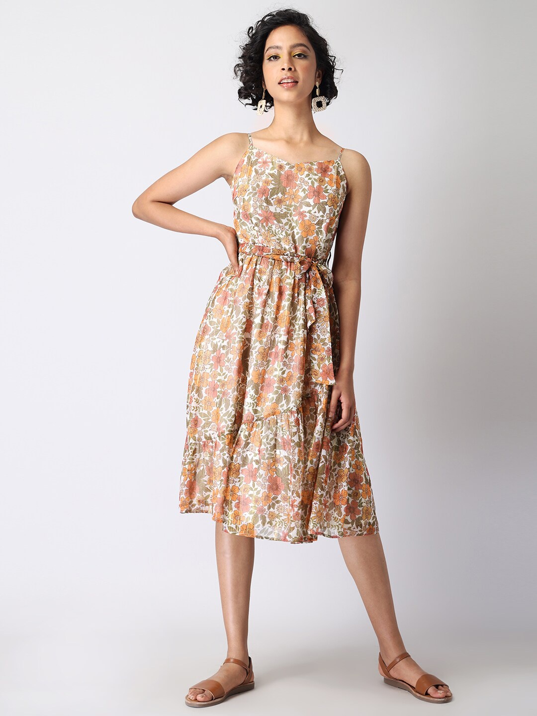 

FabAlley Floral Print Georgette Fit & Flare Midi Dress, Beige
