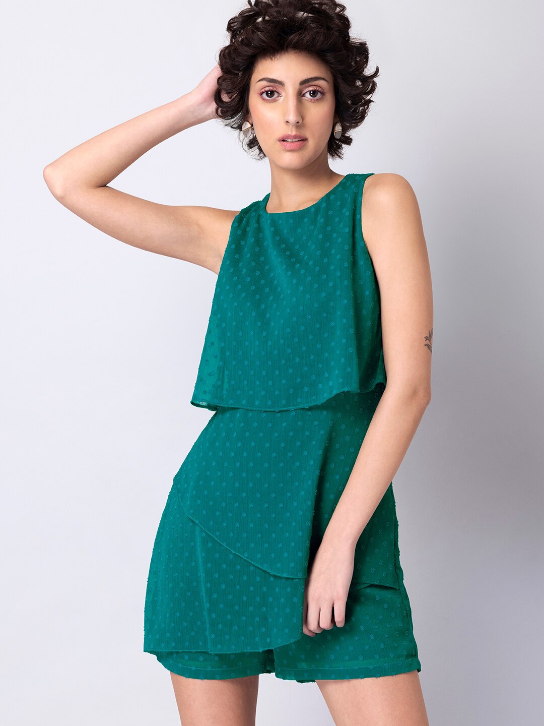 

FabAlley Women Self Design Round Neck Sleeveless Playsuit, Green
