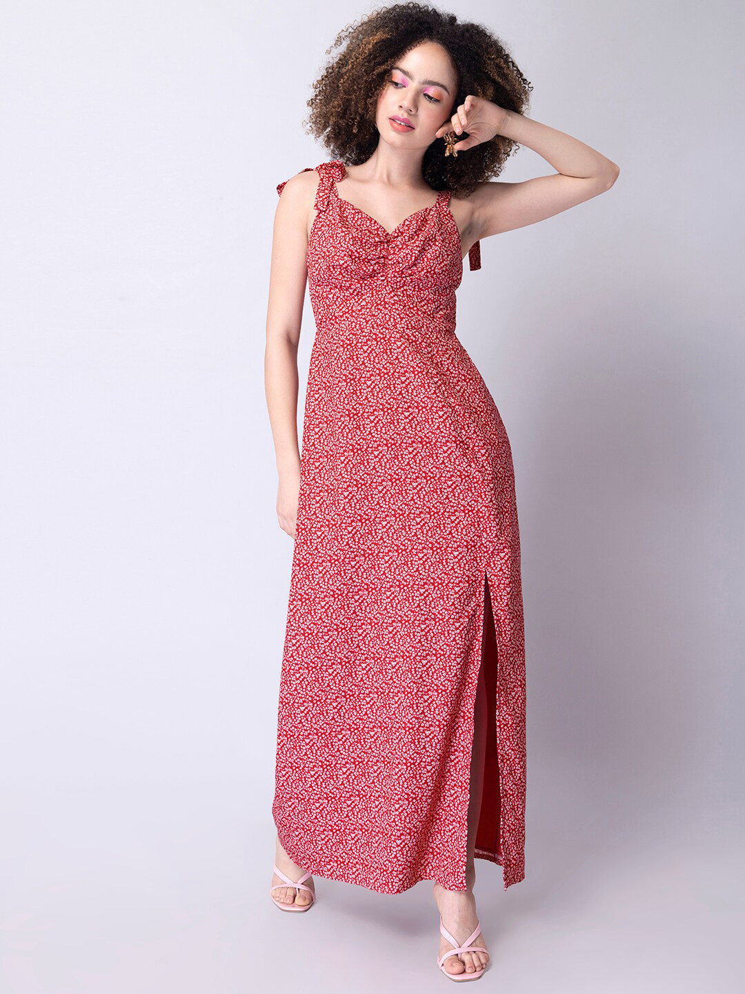 

FabAlley Floral Printed Shoulder Strap Ruched A-Line Maxi Dress, Red