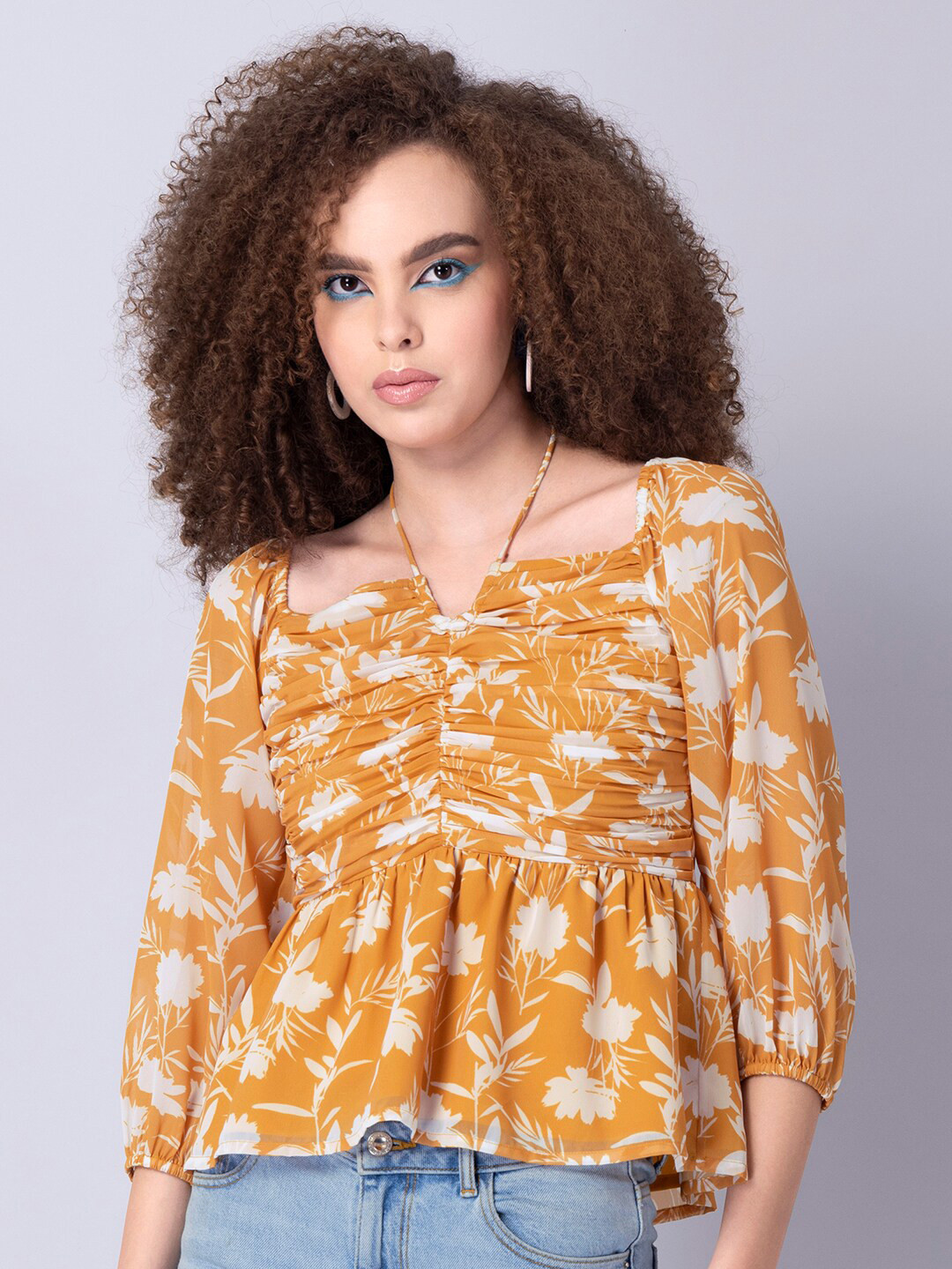 

FabAlley Floral Printed Puff Sleeve Ruched Cinched Waist Top, Yellow