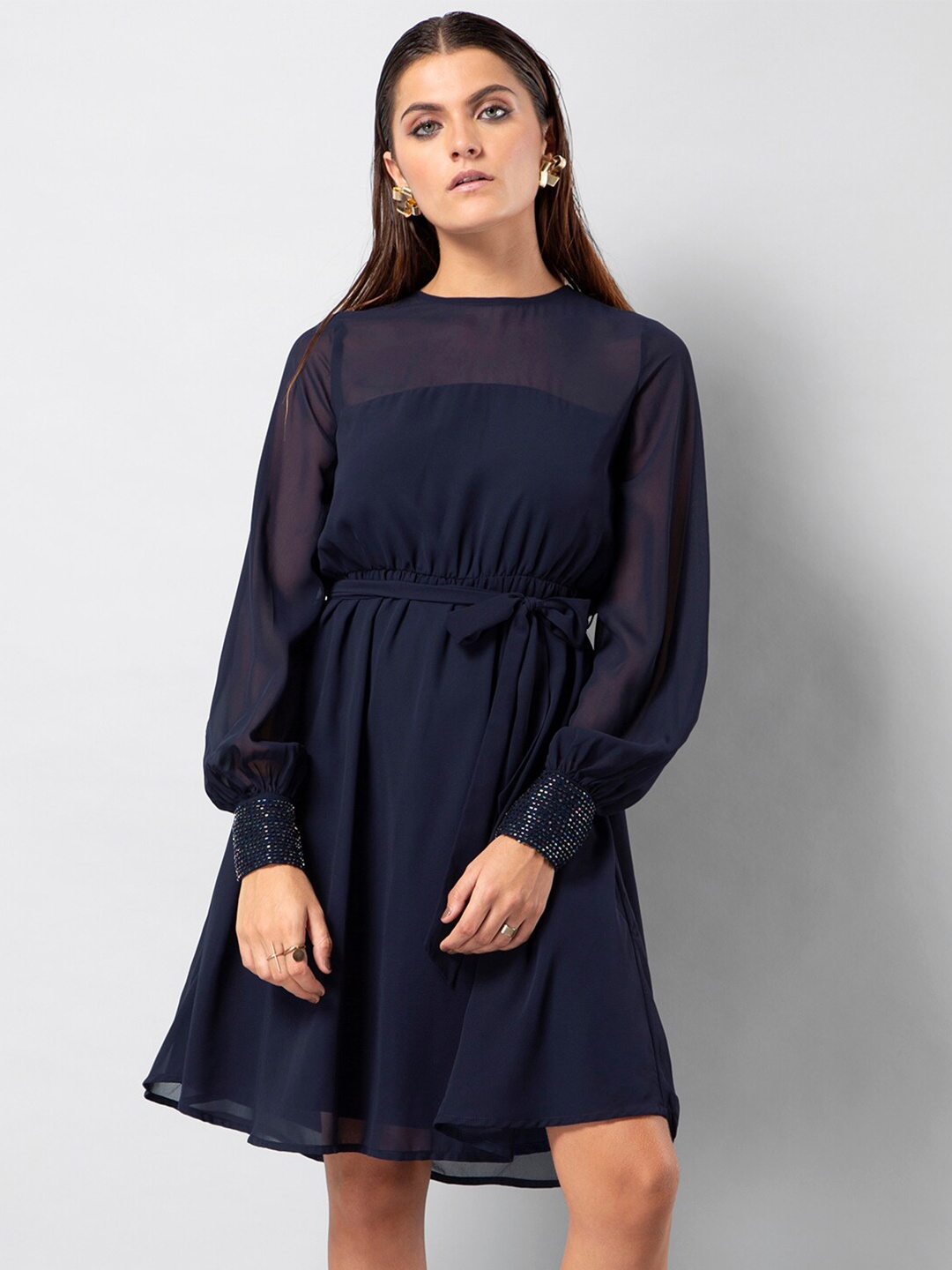 

FabAlley Embellished Bishop Sleeves Fit & Flare Dress, Navy blue