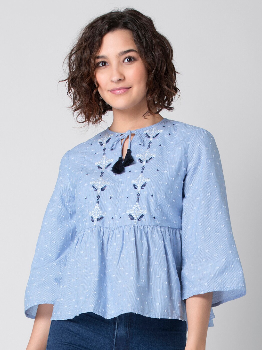 

FabAlley Embroidered Self Design Tie-Up Neck Flared Sleeve Cotton Top, Blue