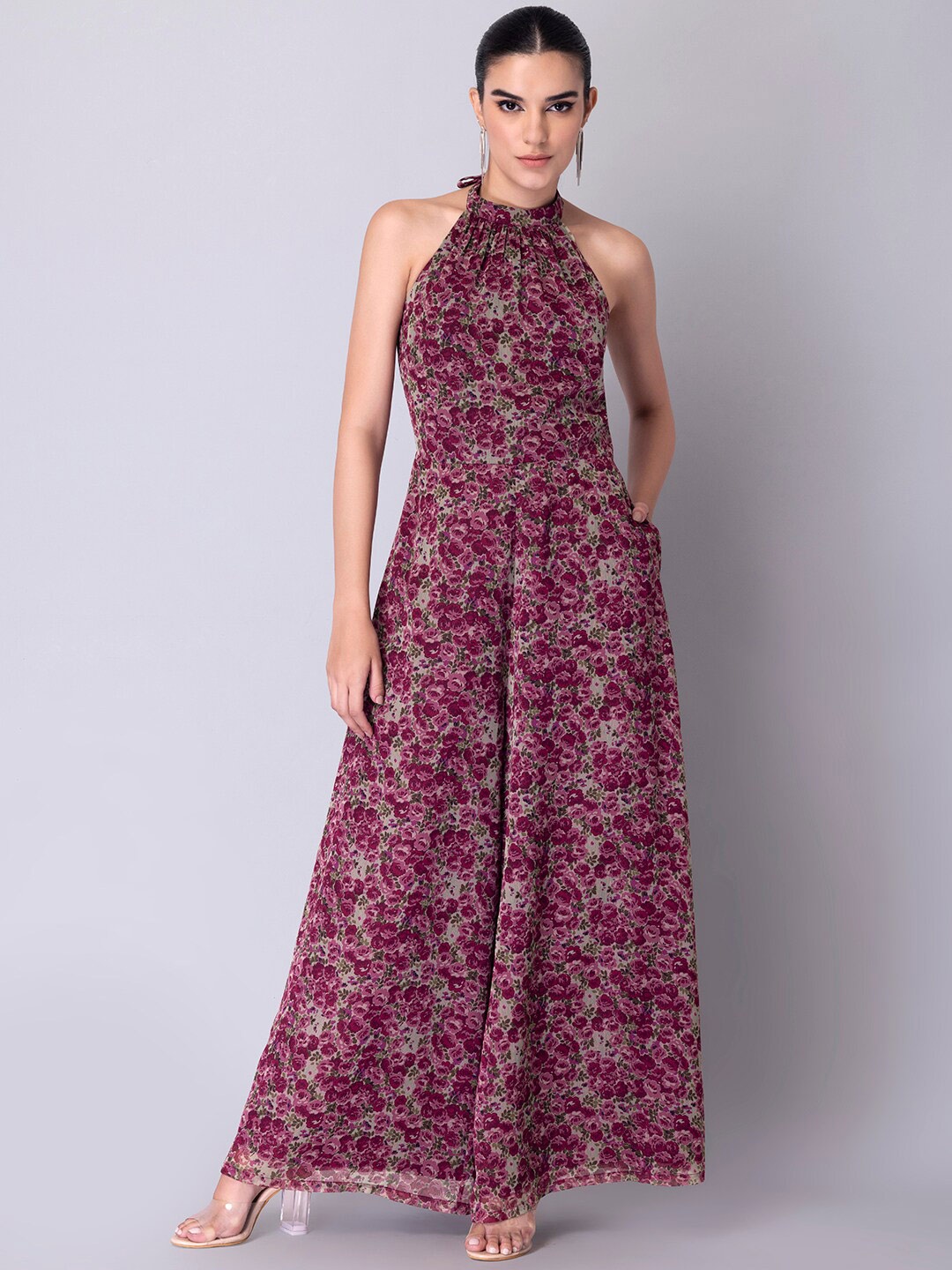 

FabAlley Women Floral Printed Halter Neck Basic Jumpsuit, Pink