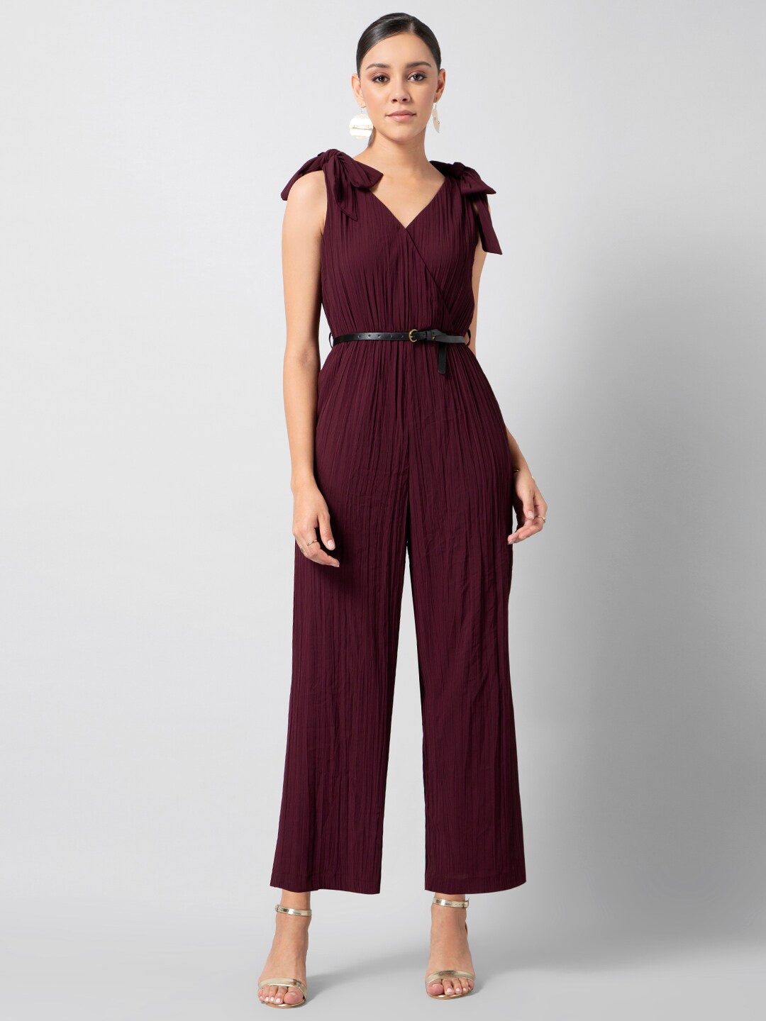 

FabAlley Tie Up Closure V-Neck Basic Jumpsuit, Purple