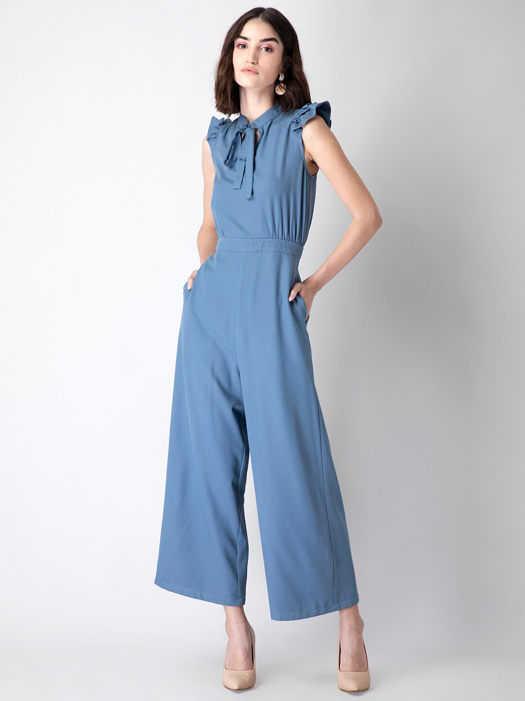 

FabAlley Tie Up Neck Ruffle Details Basic Jumpsuit, Blue