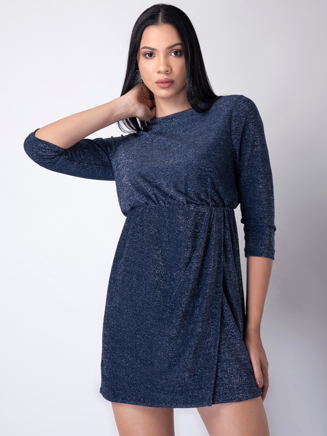 

FabAlley Self Design Sparkly Sheath Mini Dress, Navy blue