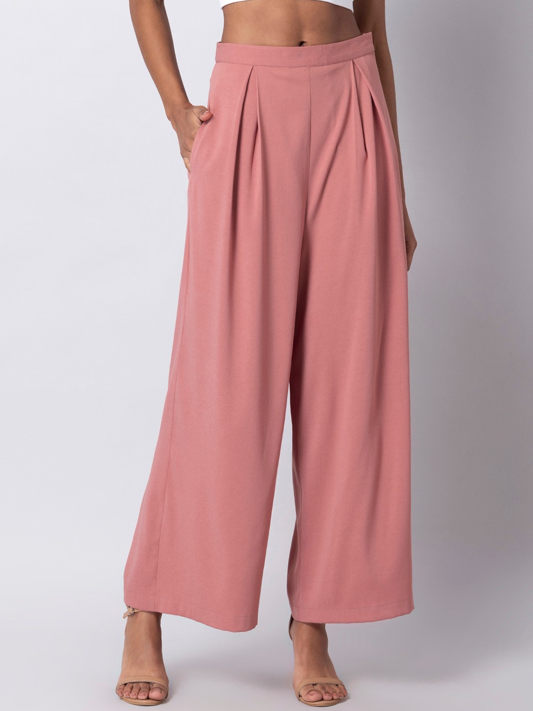 

FabAlley Women Straight Fit Pleated Parallel Trousers, Pink