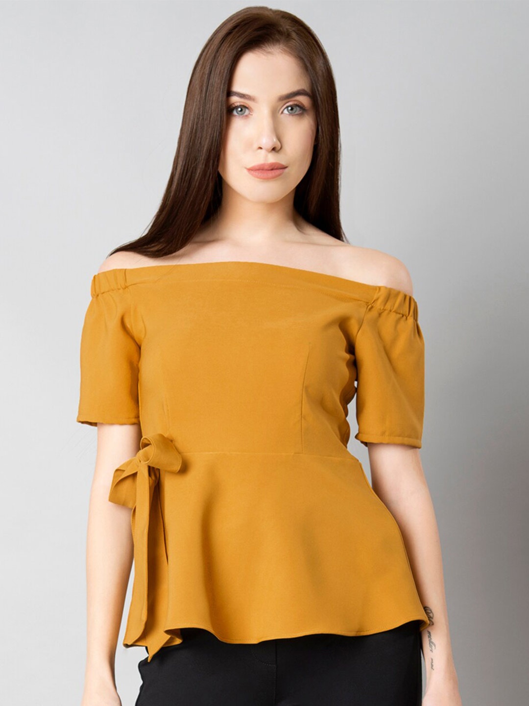 

FabAlley Off-Shoulder Waist Tie Up Peplum Top, Mustard