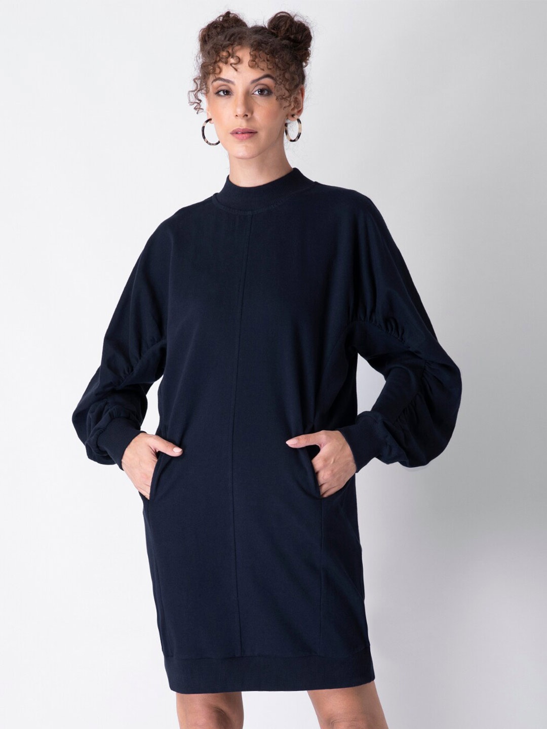 

FabAlley High Neck Puff Sleeve Dress, Blue