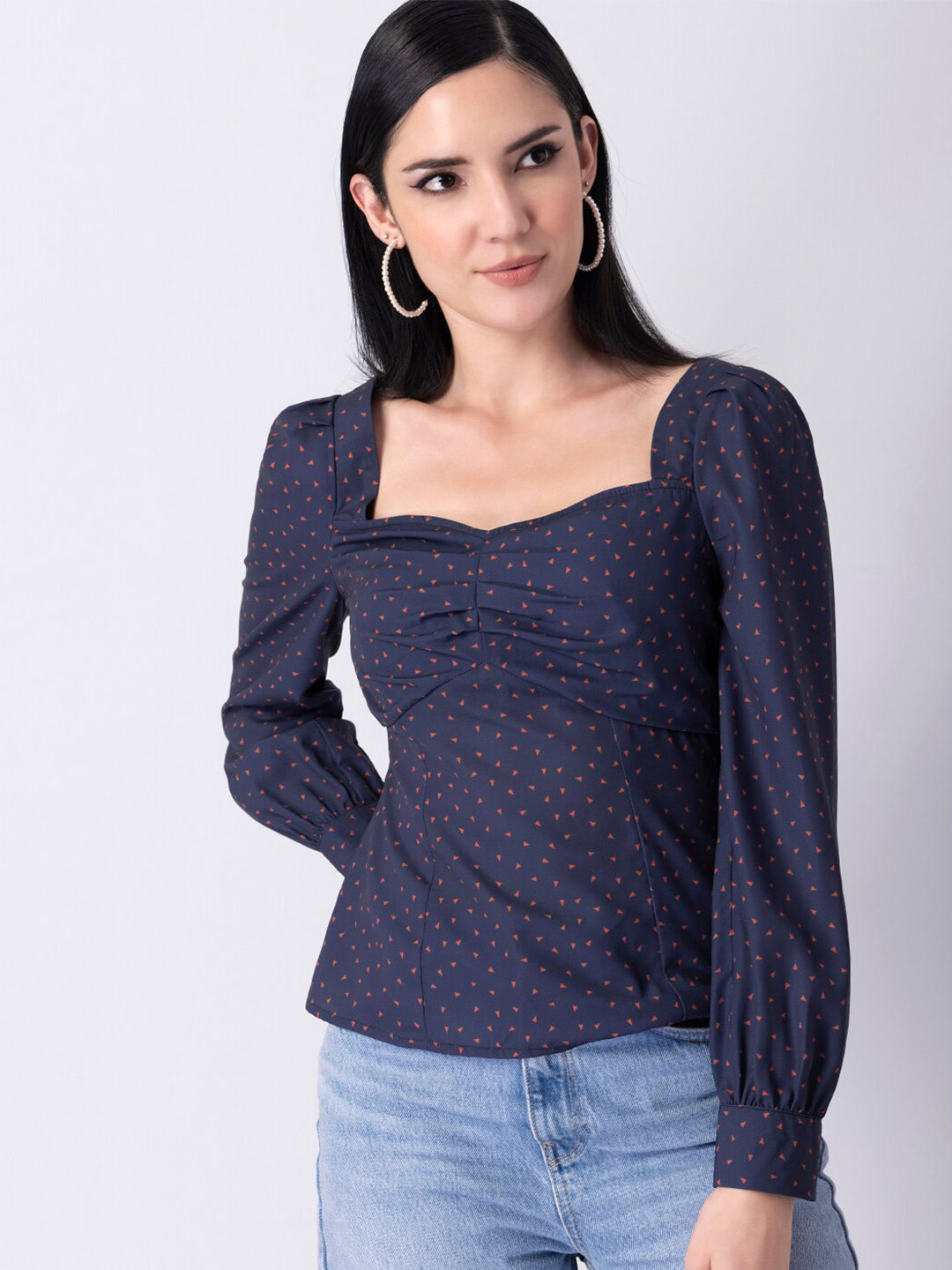 

FabAlley Geometric Printed Square Neck Puff Sleeves Top, Navy blue