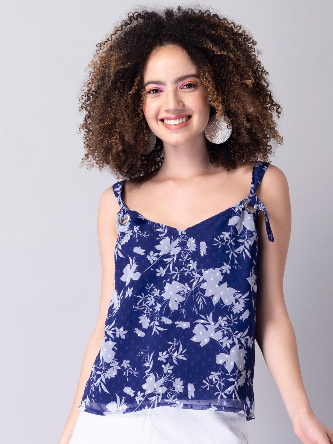 

FabAlley Floral Printed Shoulder Strap Top, Blue