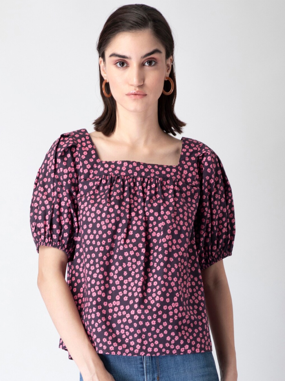 

FabAlley Floral Printed Square Neck Puff Sleeves Top, Black