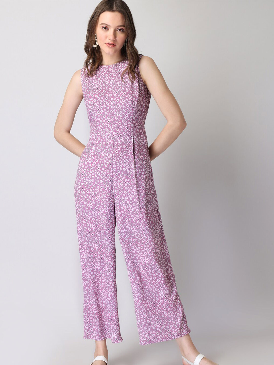 

FabAlley Women Floral Printed Sleeveless Back Cut Out Basic Jumpsuit, Purple