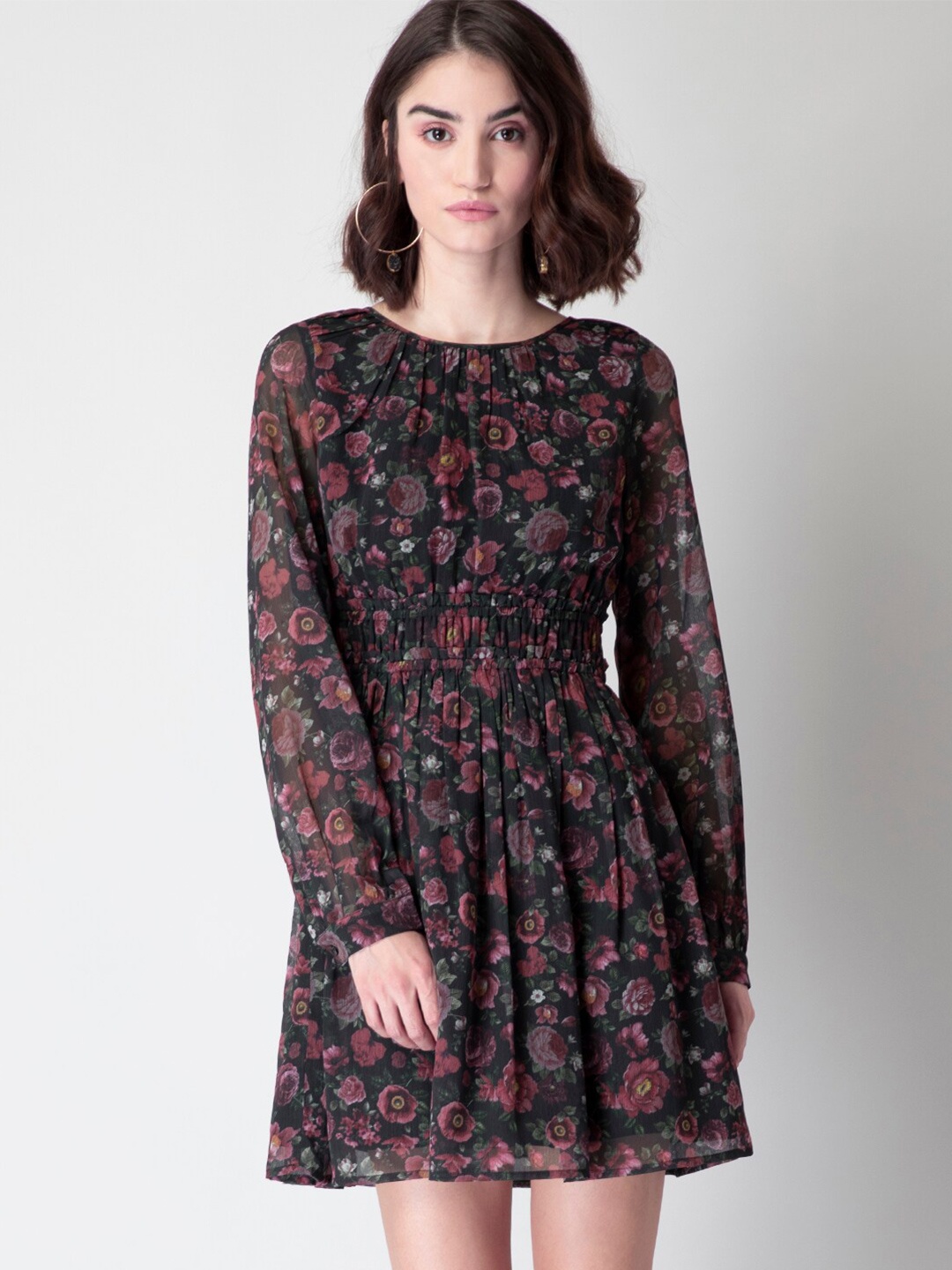 

FabAlley Floral Print Georgette Fit & Flare Dress, Black