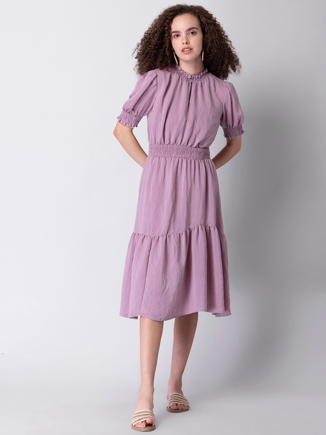 

FabAlley Puff Sleeve Georgette Fit & Flare Midi Dress, Lavender
