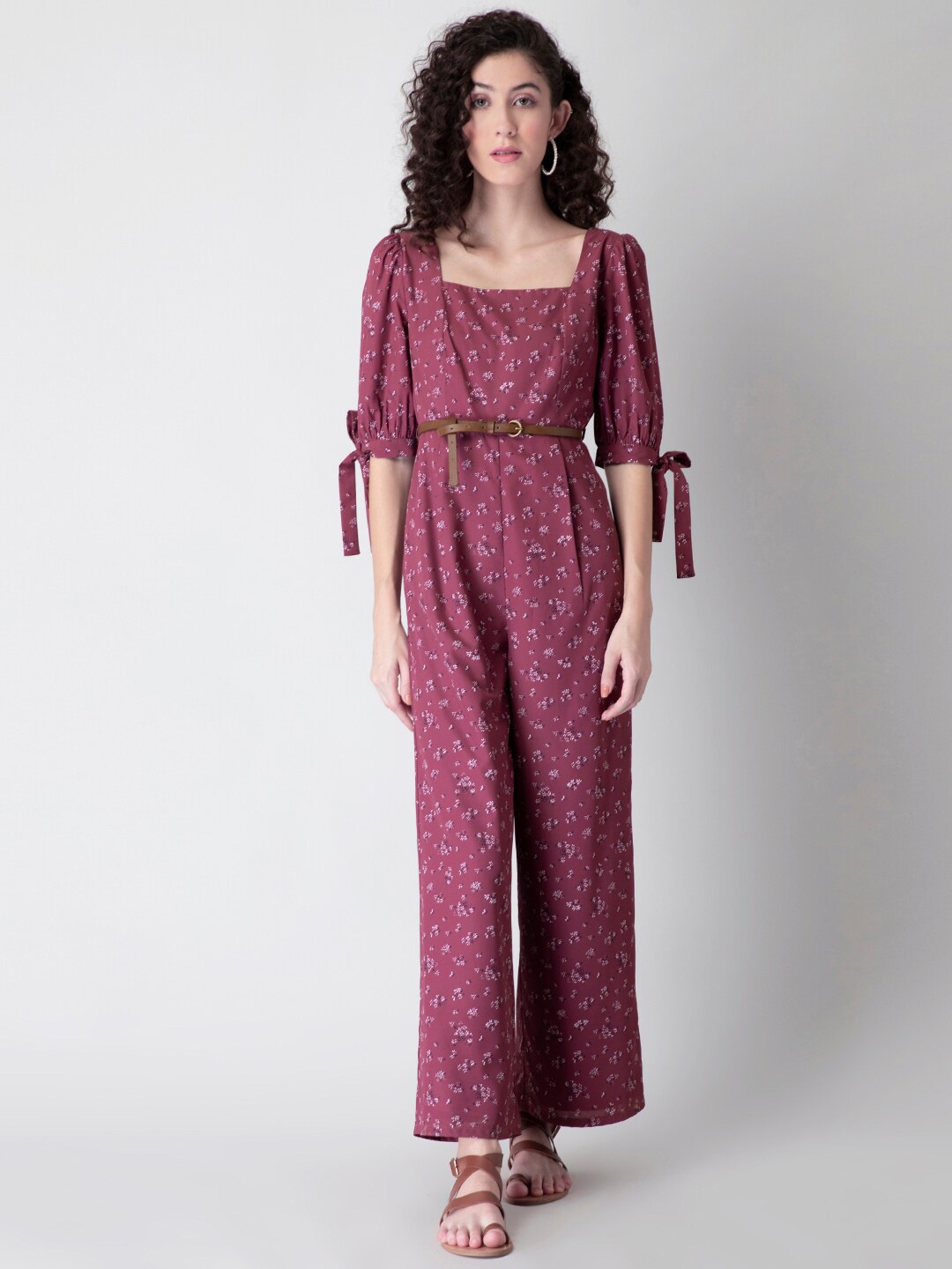 

FabAlley Women Floral Printed Square Neck Basic Jumpsuit With Belt, Maroon