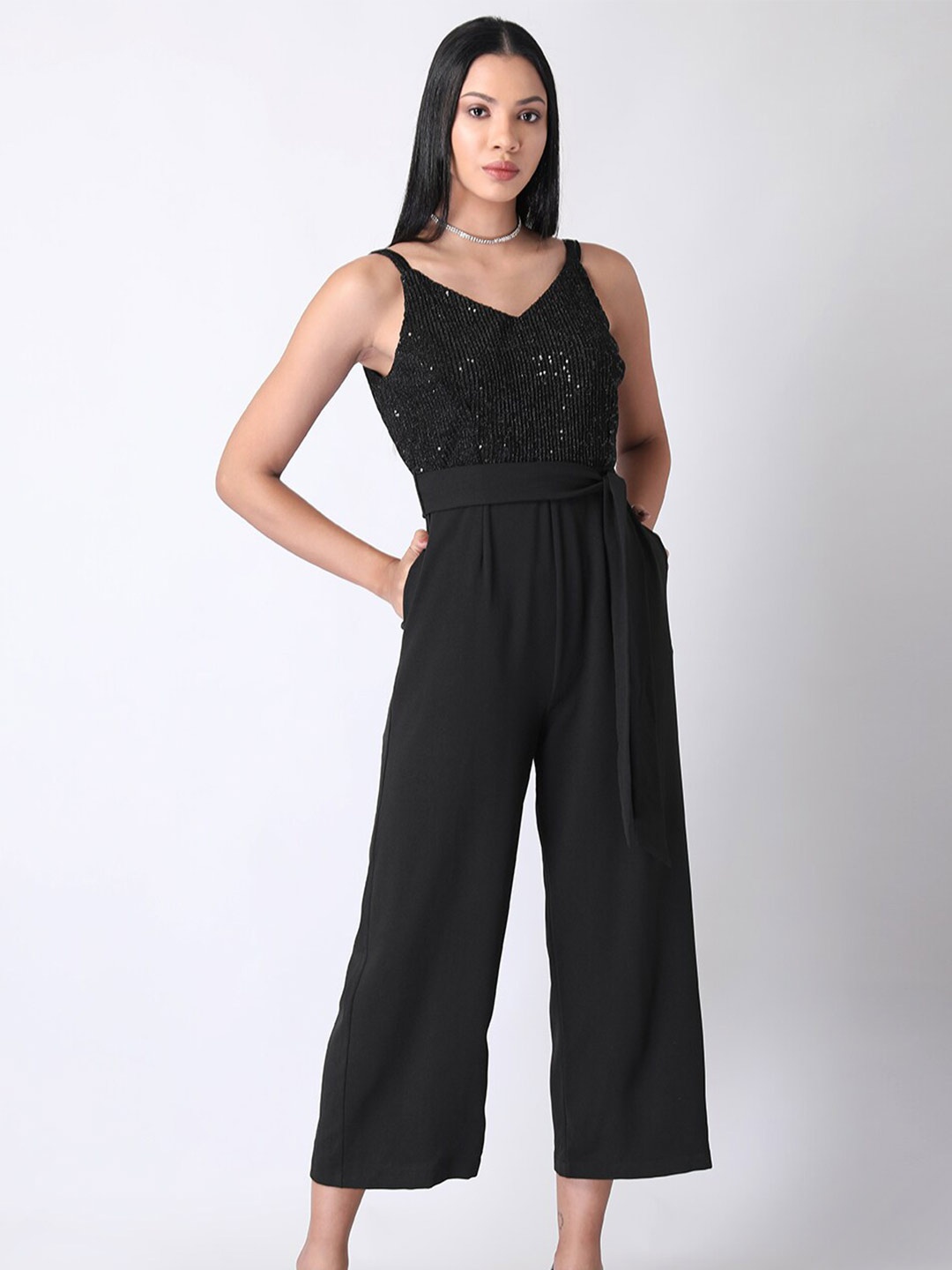 

FabAlley Women Shimmer Strappy Belted V-Neck Basic Jumpsuit, Black