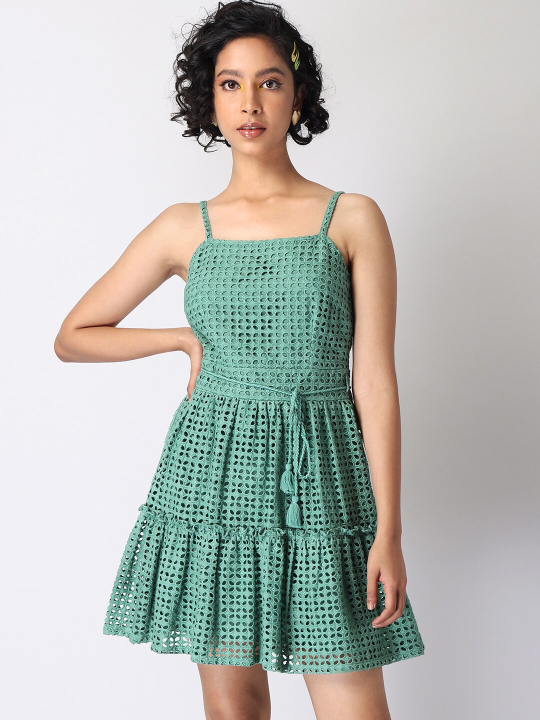 

FabAlley Floral Embroidered Belted Schiffli Fit & Flare Dress, Green
