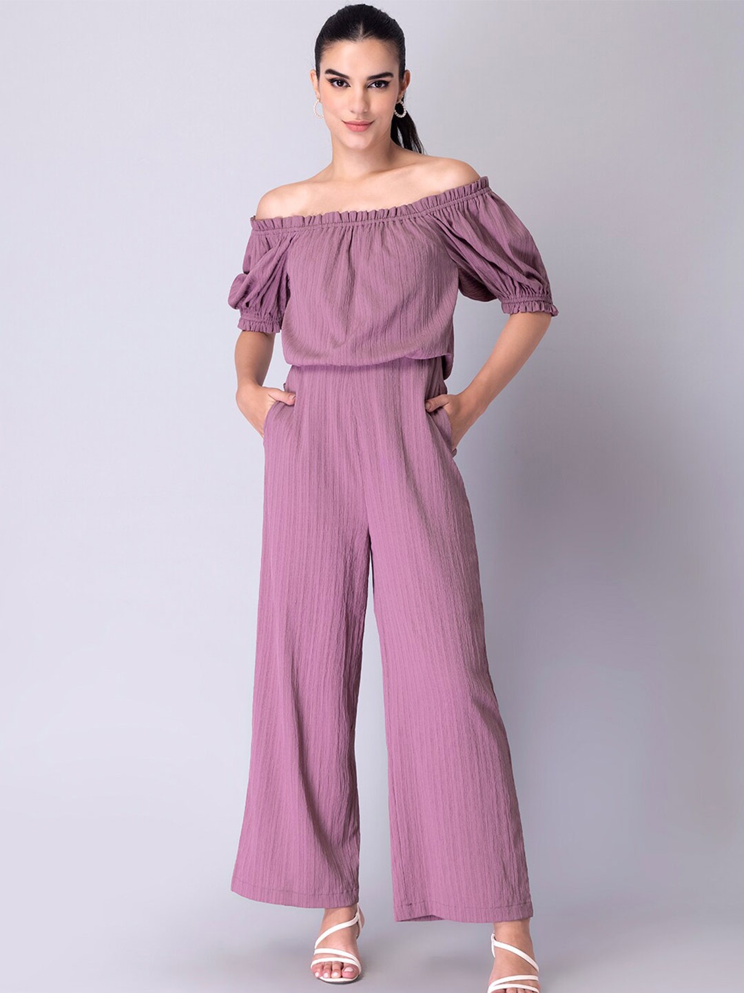 

FabAlley Women Self Design Off-Shoulder Basic Jumpsuit, Purple