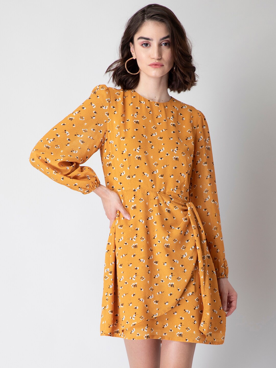 

FabAlley Floral Printed Puff Sleeves Tie-Up Detail Georgette A-Line Dress, Mustard