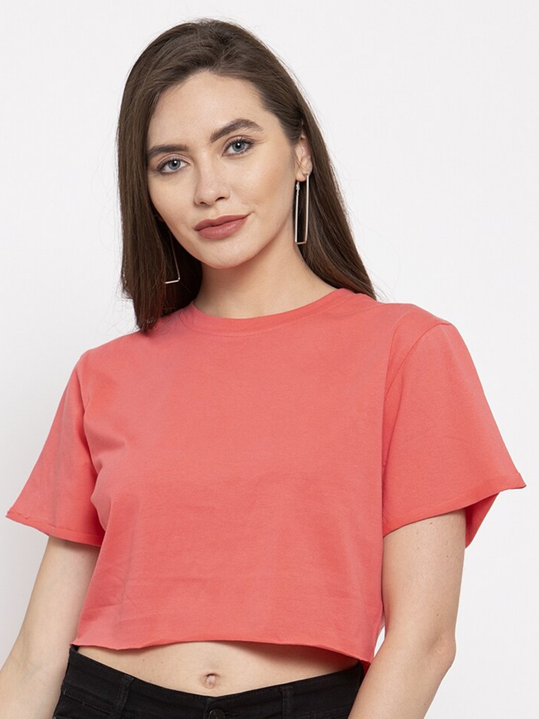

DOOR74 Round Neck Cotton T-shirt, Coral