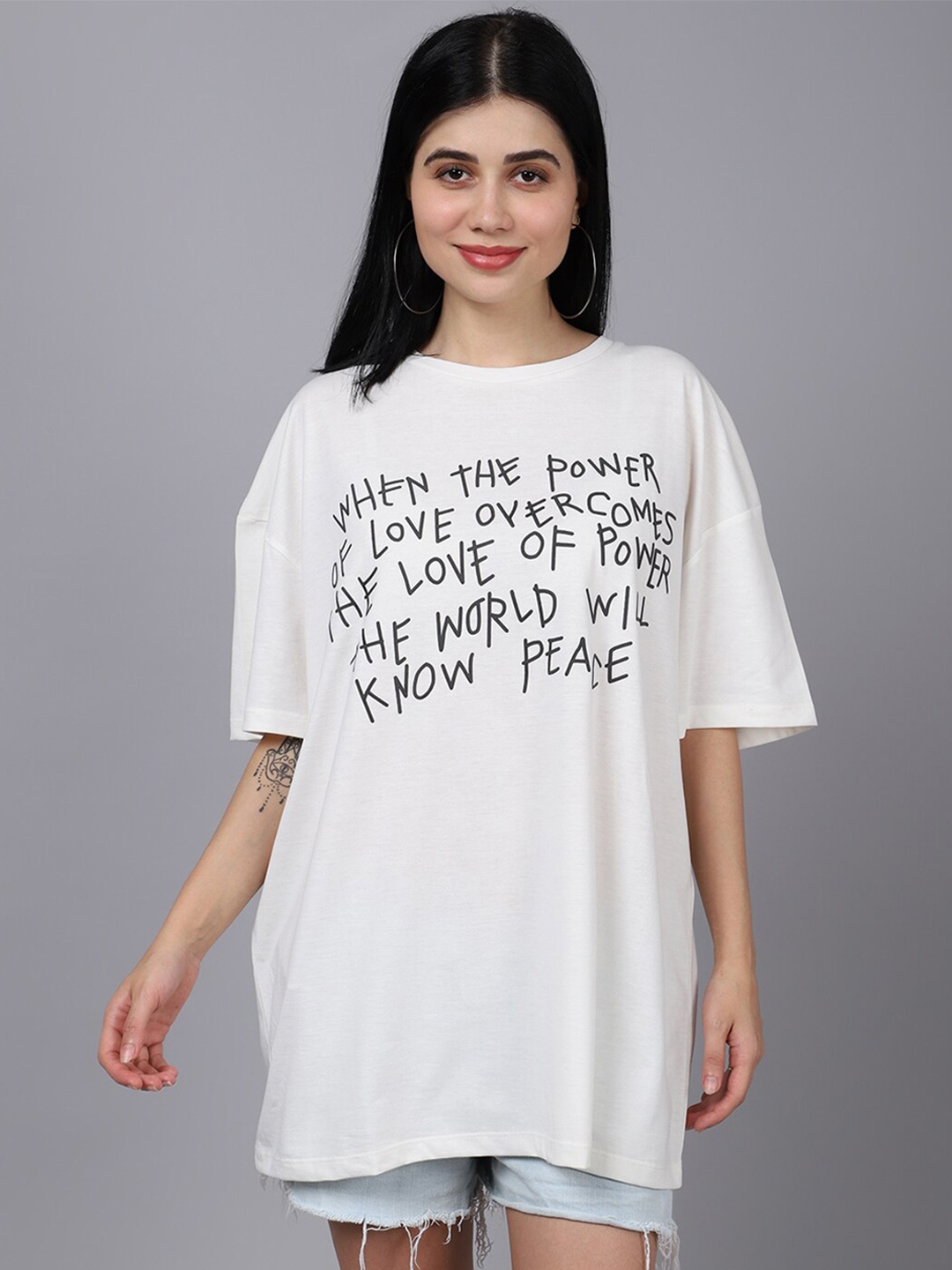 

DOOR74 Typography Printed Drop Shoulder Cotton Oversized Fit T-shirt, Off white