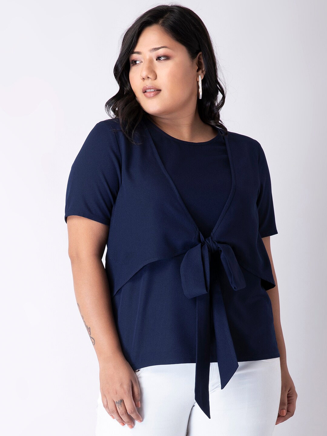 

FabAlley Curve Round Neck Tie-Up Detail Top, Blue